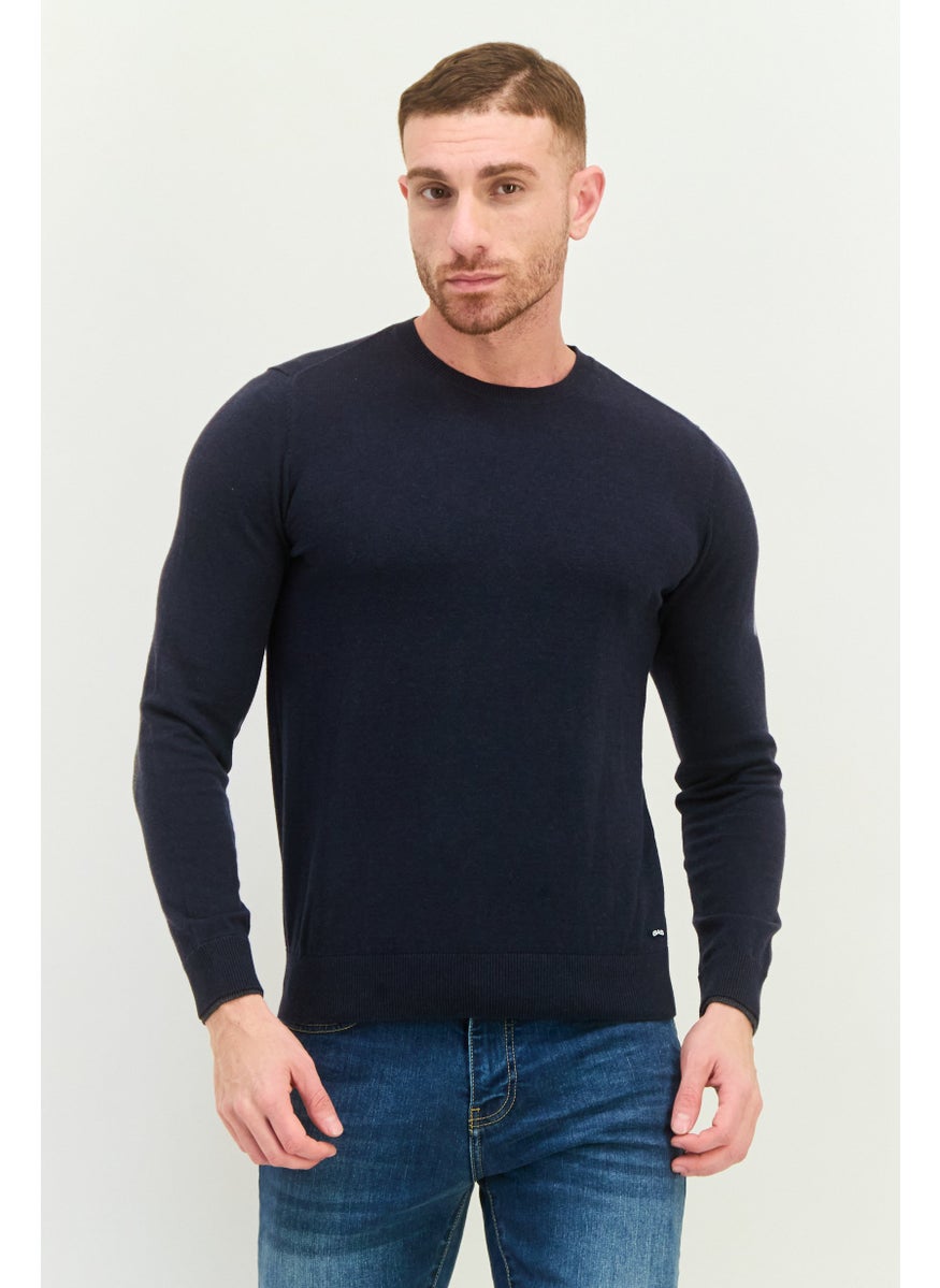 Men Crew Neck Textured Long Sleeves Sweater, Navy