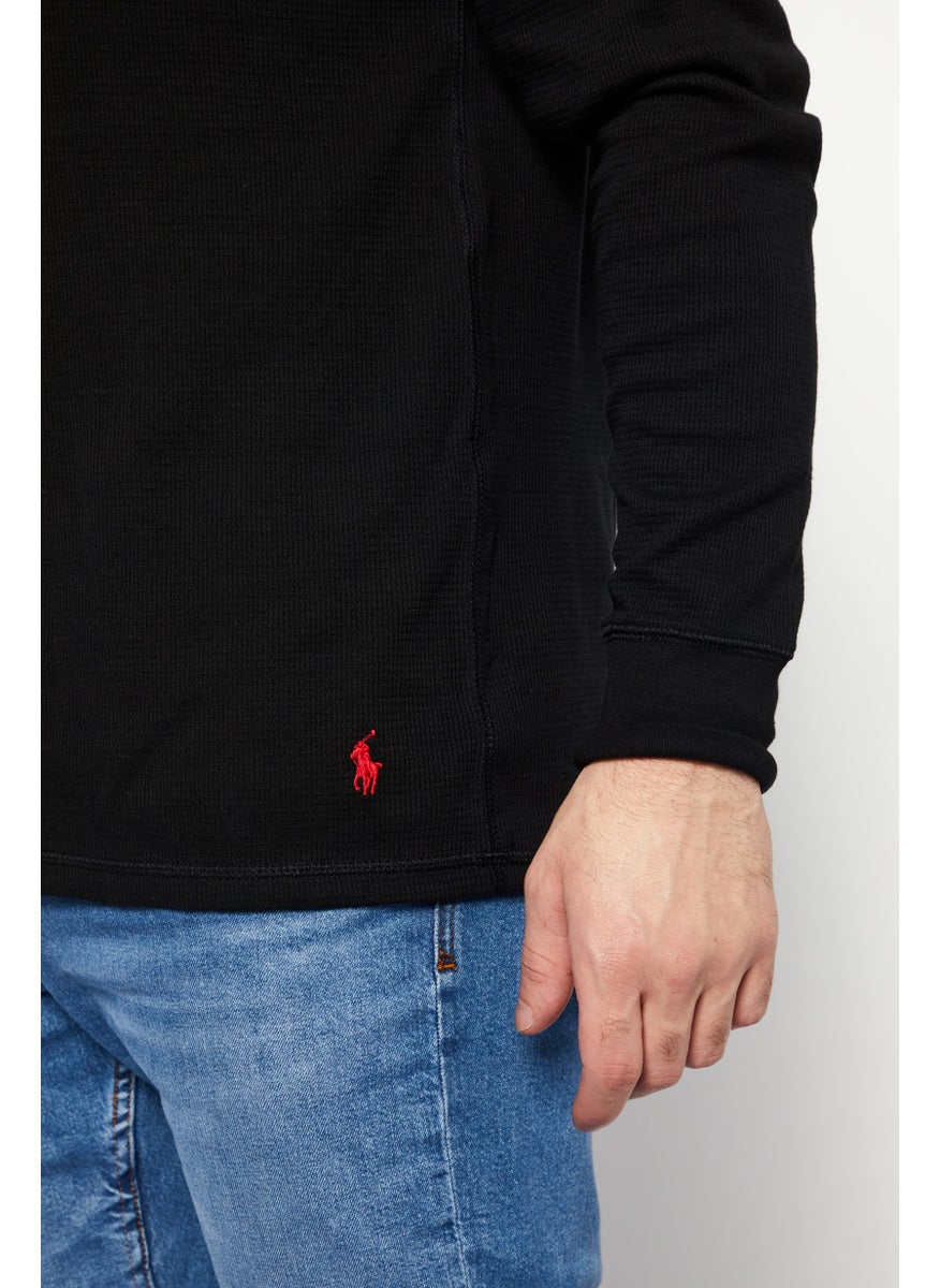 Men Crew Neck Embordered Logo Sweatshirts, Black