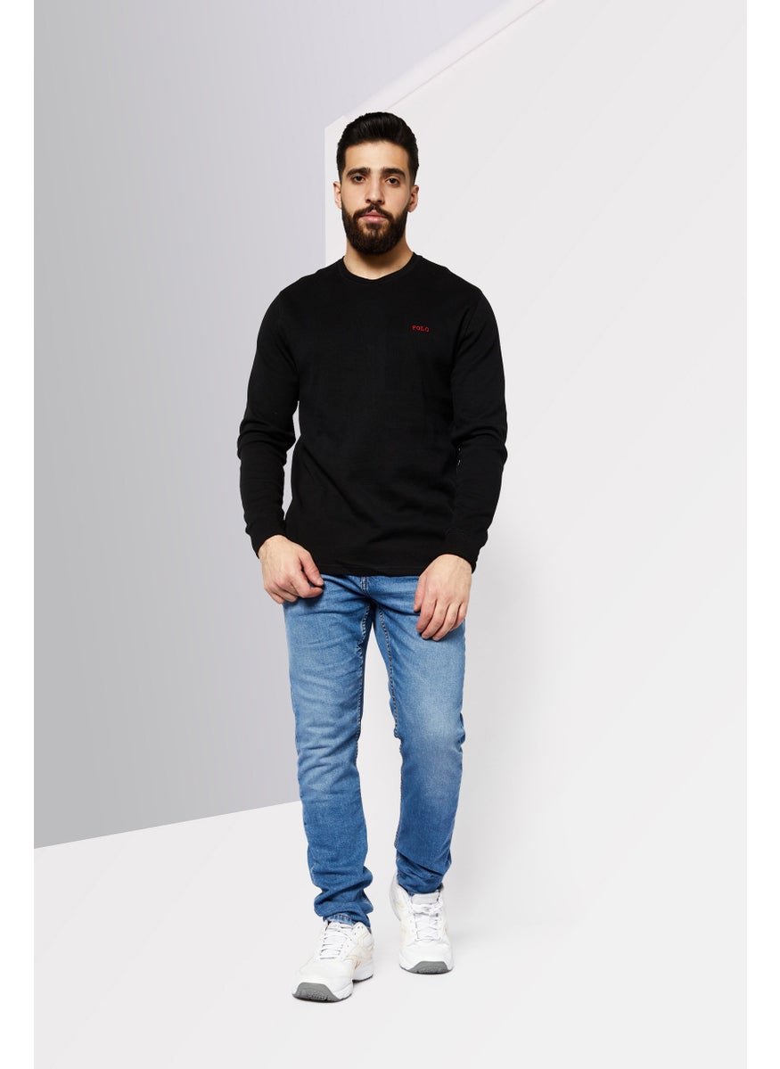 Men Crew Neck Embordered Logo Sweatshirts, Black