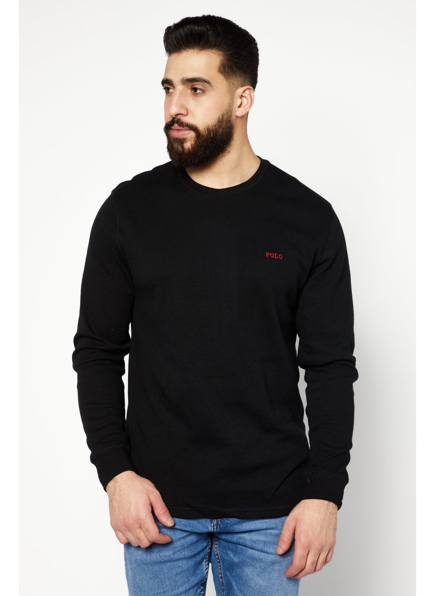 Men Crew Neck Embordered Logo Sweatshirts, Black