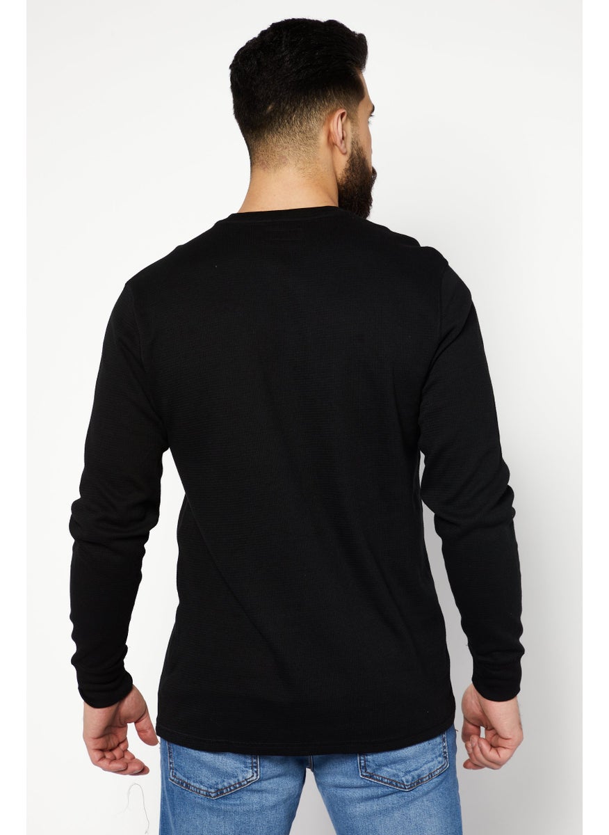Men Crew Neck Embordered Logo Sweatshirts, Black