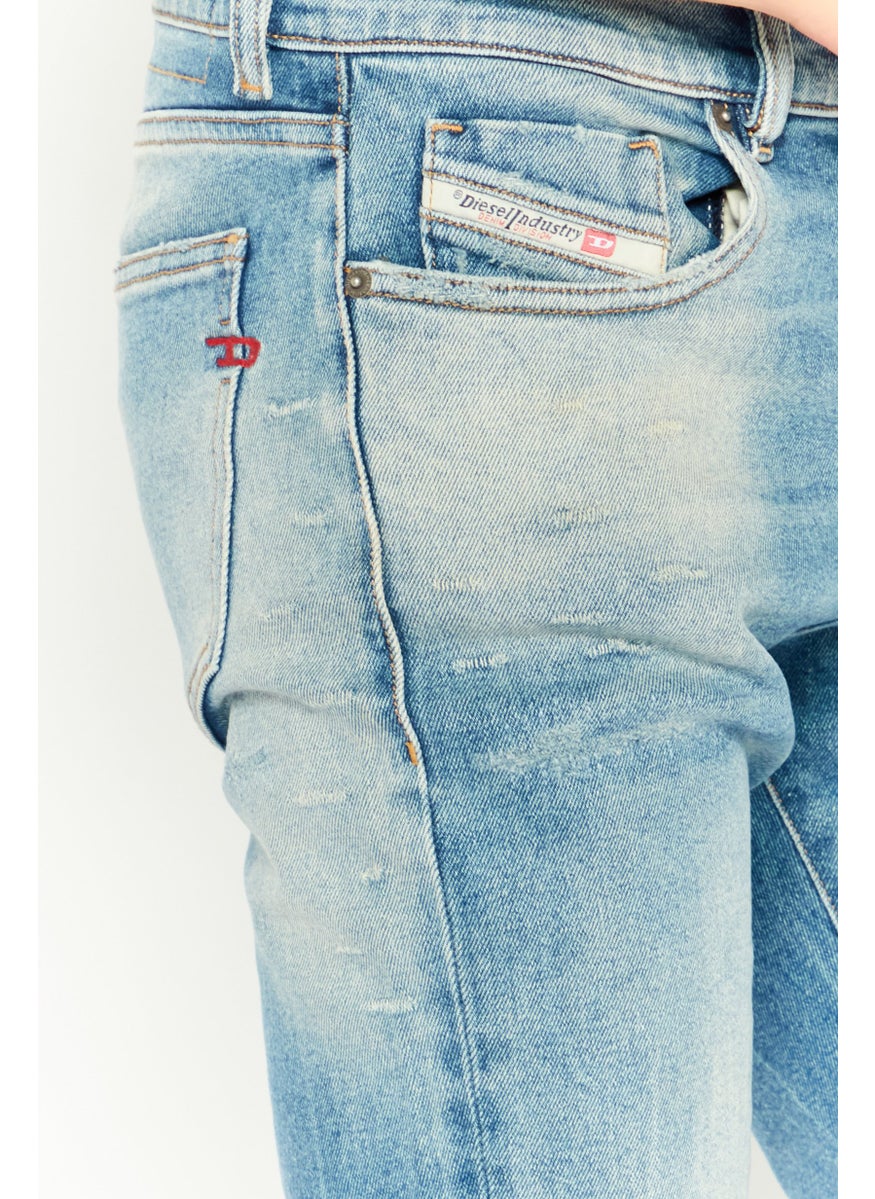 Men Slim Fit Mid Waist Slim Leg Washed Denim, Blue