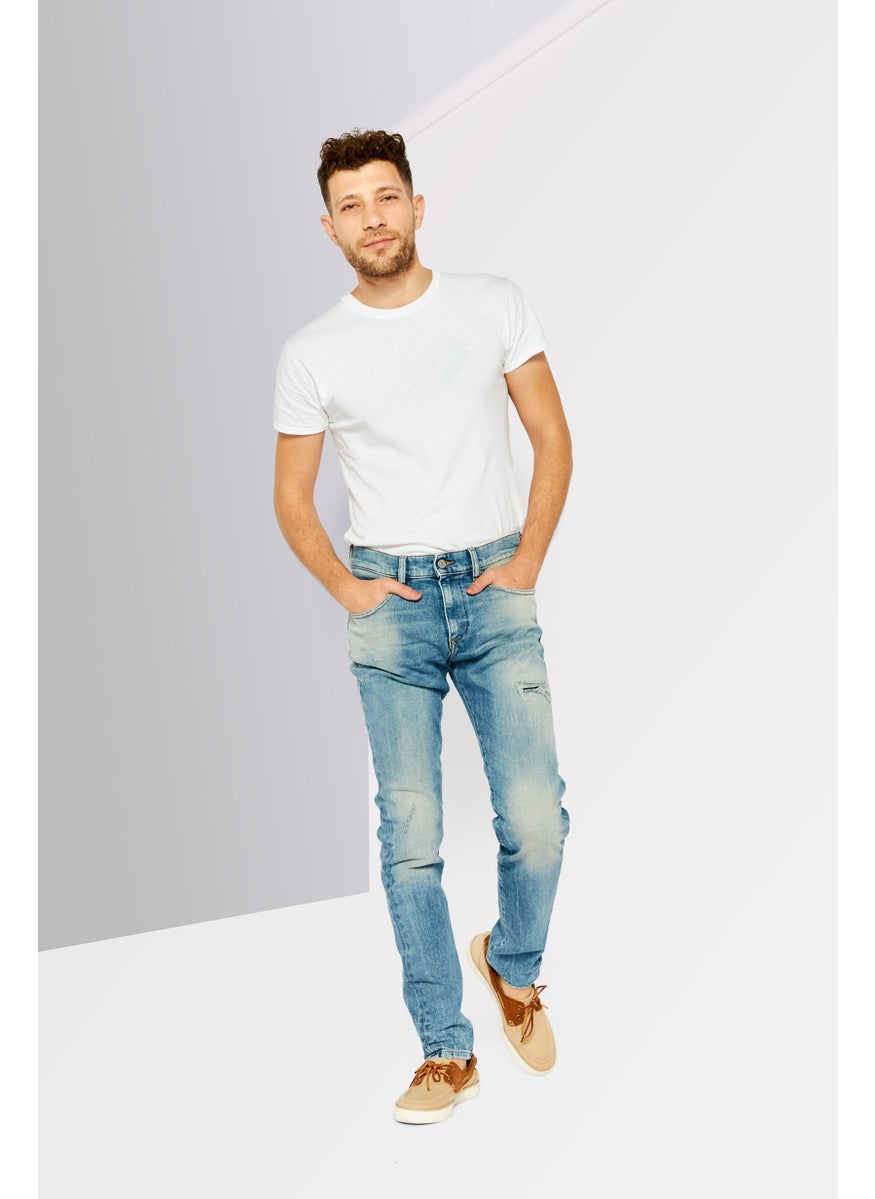 Men Slim Fit Mid Waist Slim Leg Washed Denim, Blue