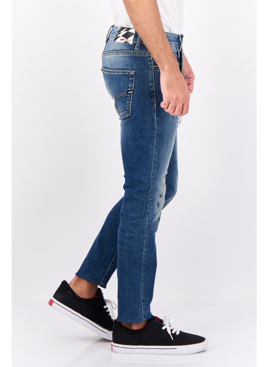 Men Carrot Fit Rip Stretchable Denim Jeans, Navy Wash