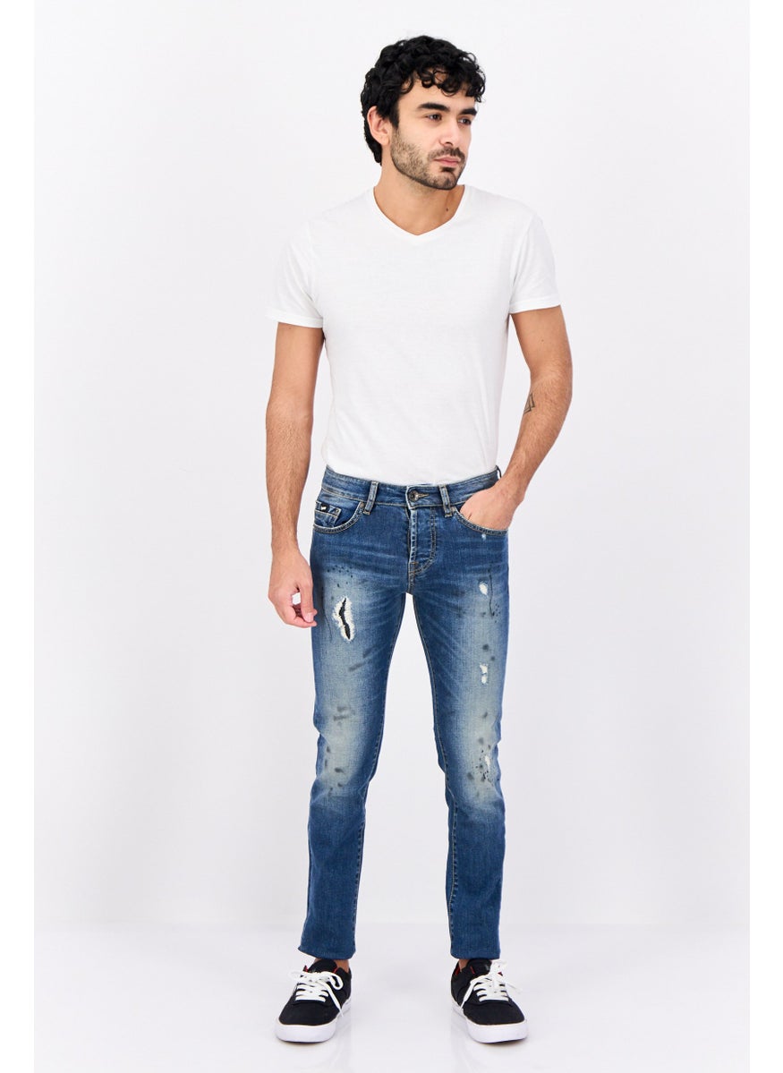 Men Carrot Fit Rip Stretchable Denim Jeans, Navy Wash