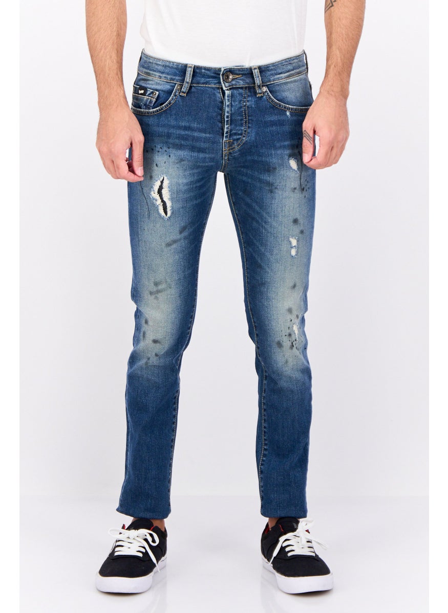 Men Carrot Fit Rip Stretchable Denim Jeans, Navy Wash