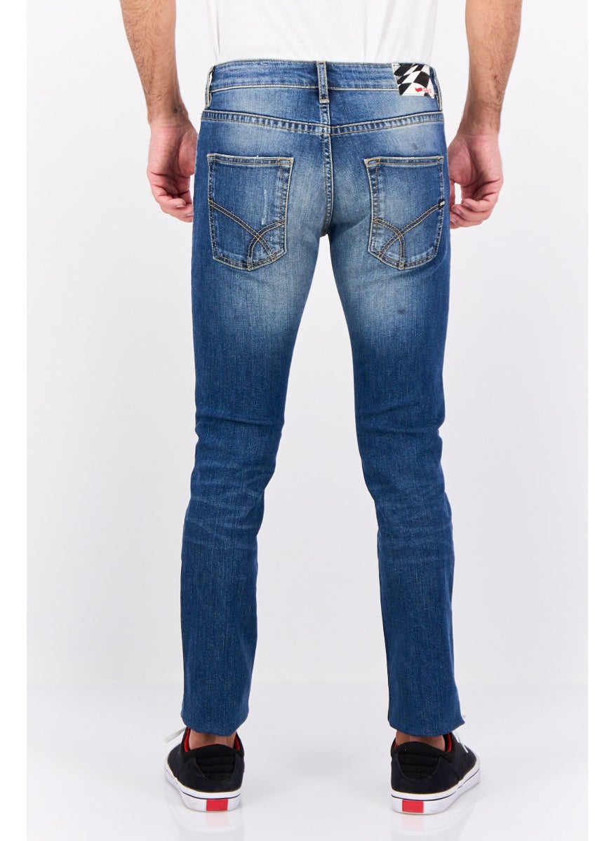 Men Carrot Fit Rip Stretchable Denim Jeans, Navy Wash