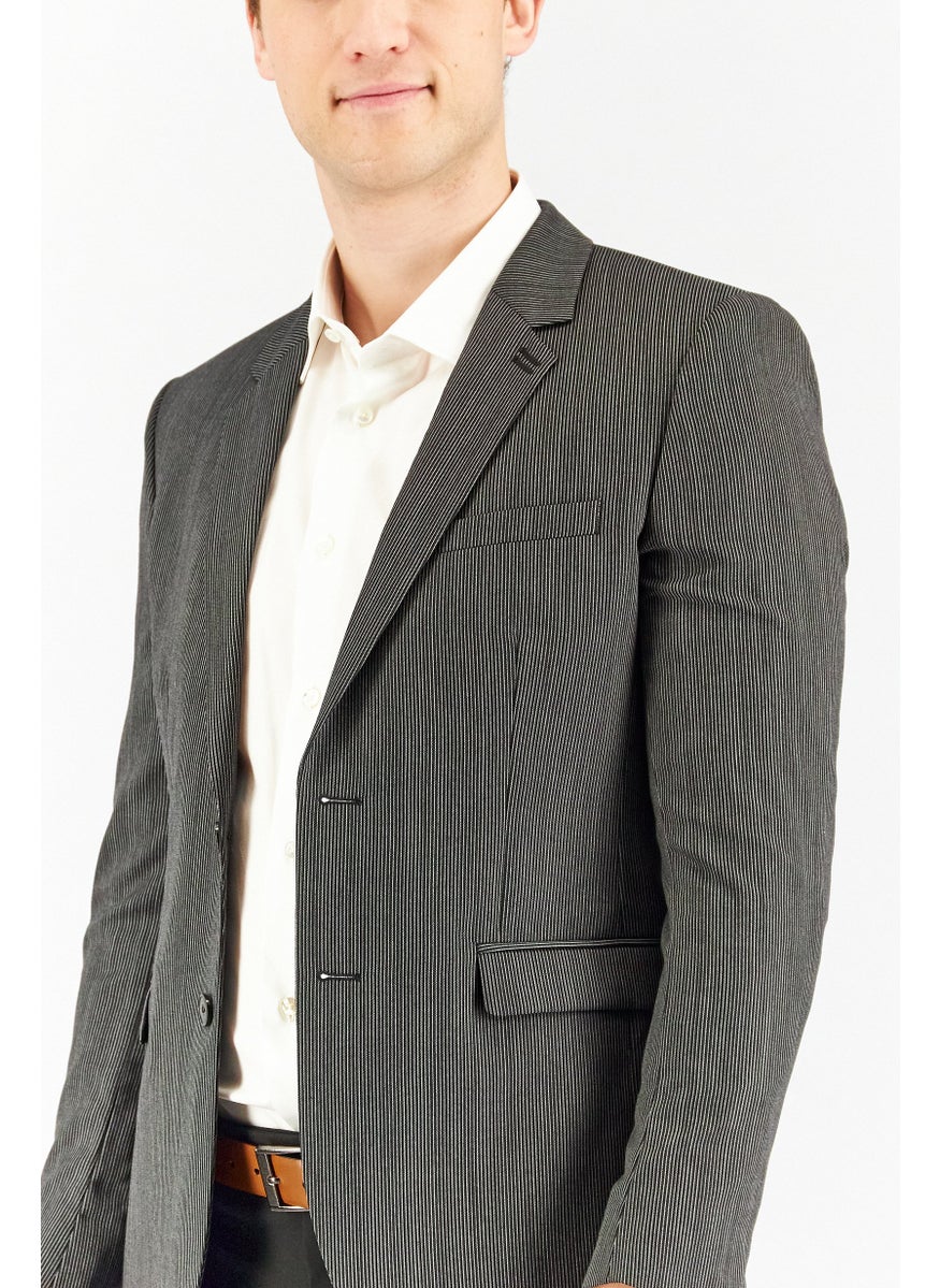 Men Regular Fit Micro Stripe Formal Blazer, Black