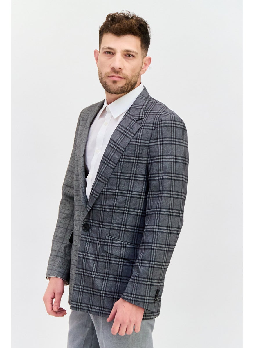 Men Fashion Fit Plaid Semi Formal Blazer, Grey Combo