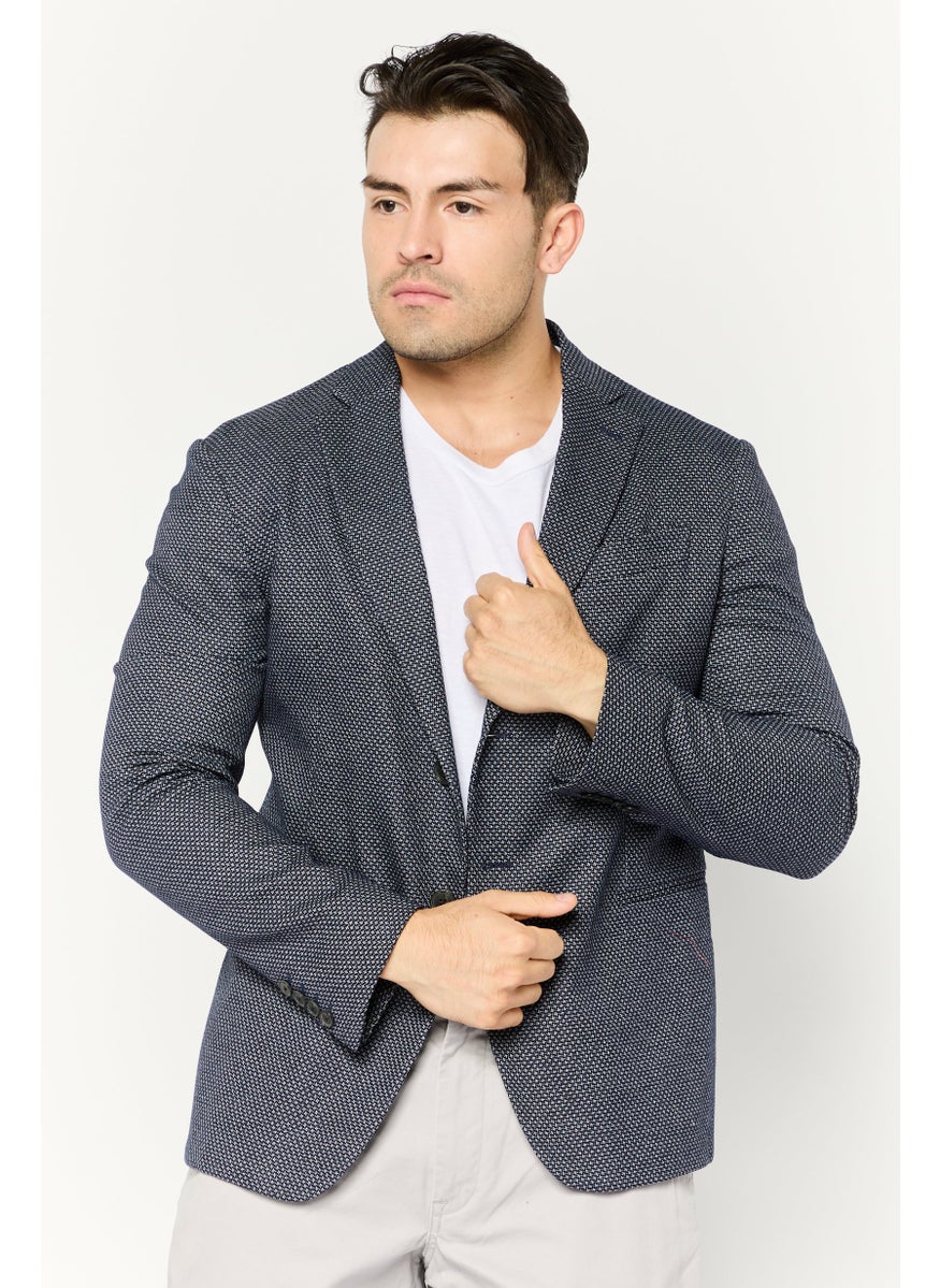 Men Regular Fit Textured Semi-Formal Blazer, Navy Blue