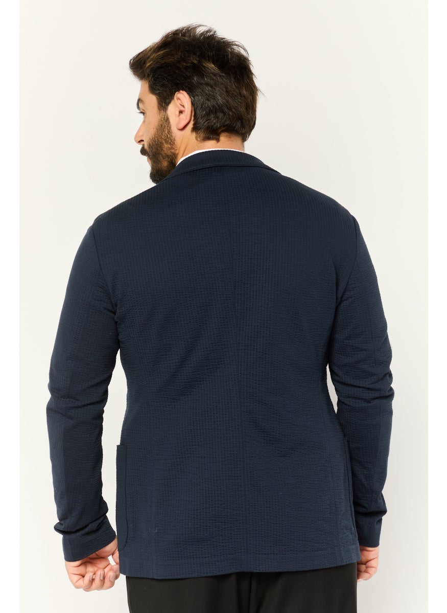 Men Regular Fit Textured Formal Blazer, Navy