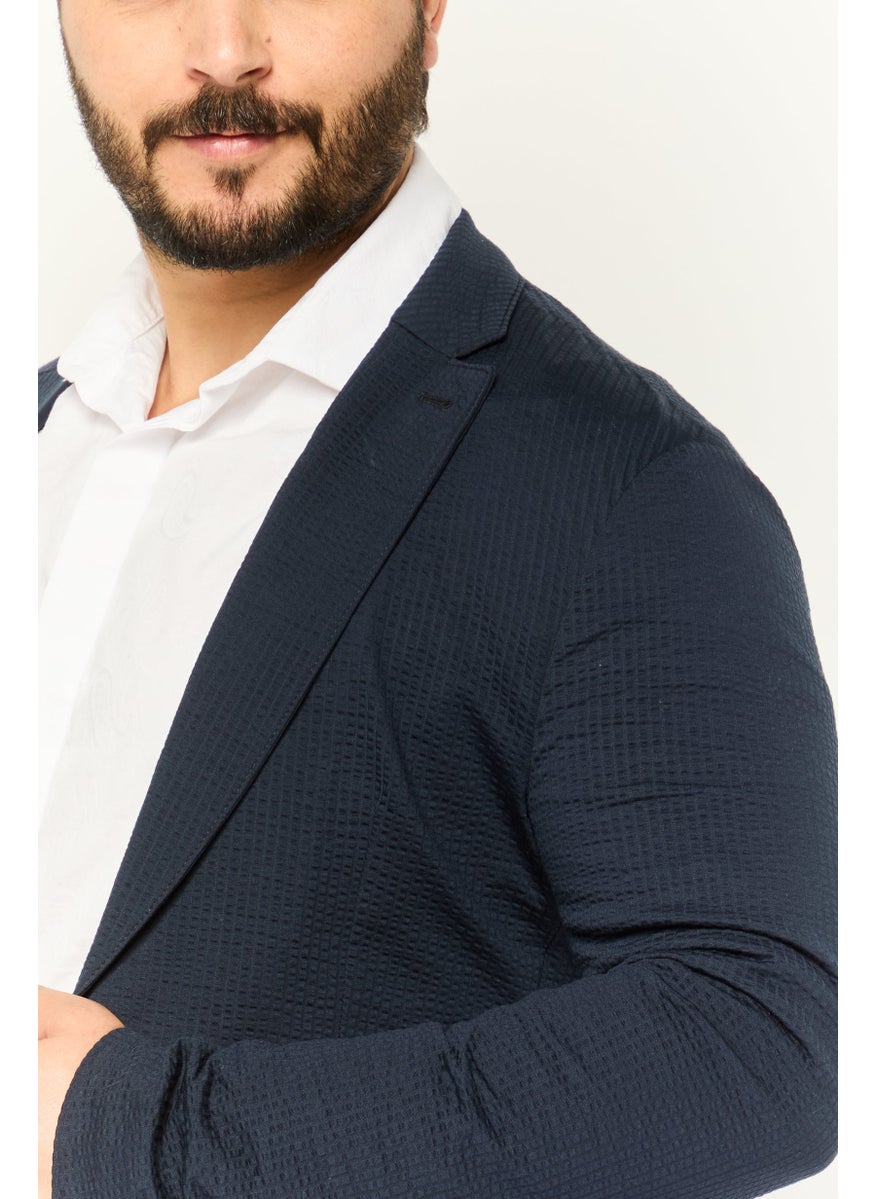 Men Regular Fit Textured Formal Blazer, Navy