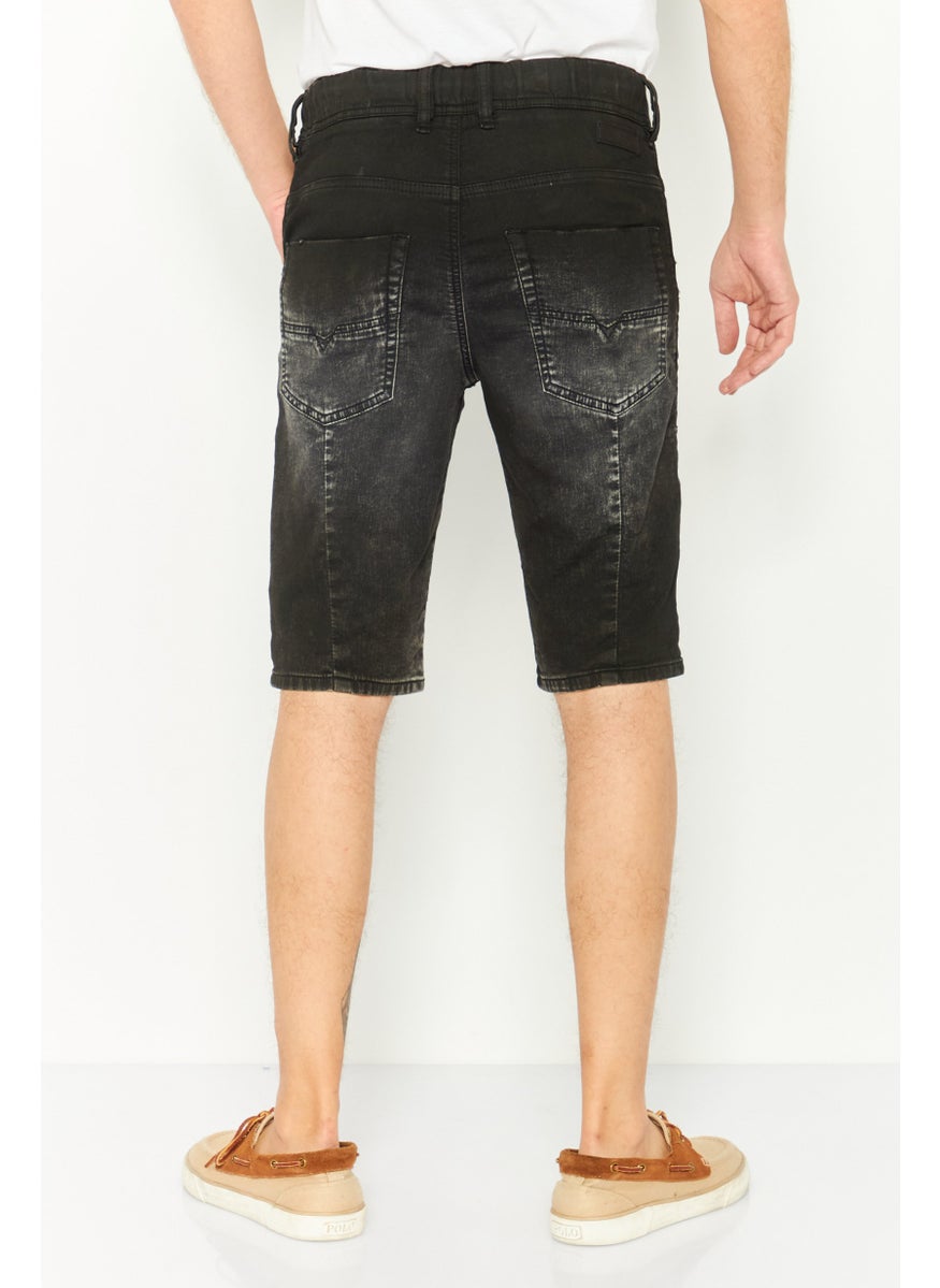 Men Drawstring Ripped Denim Shorts, Black