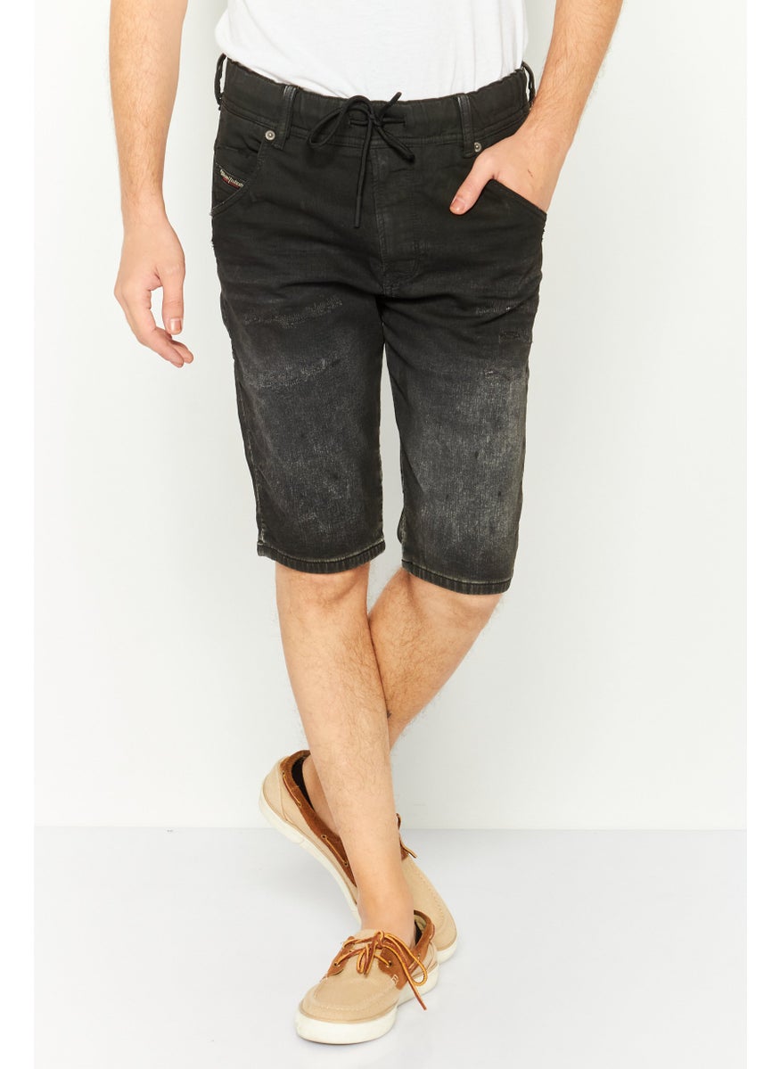 Men Drawstring Ripped Denim Shorts, Black