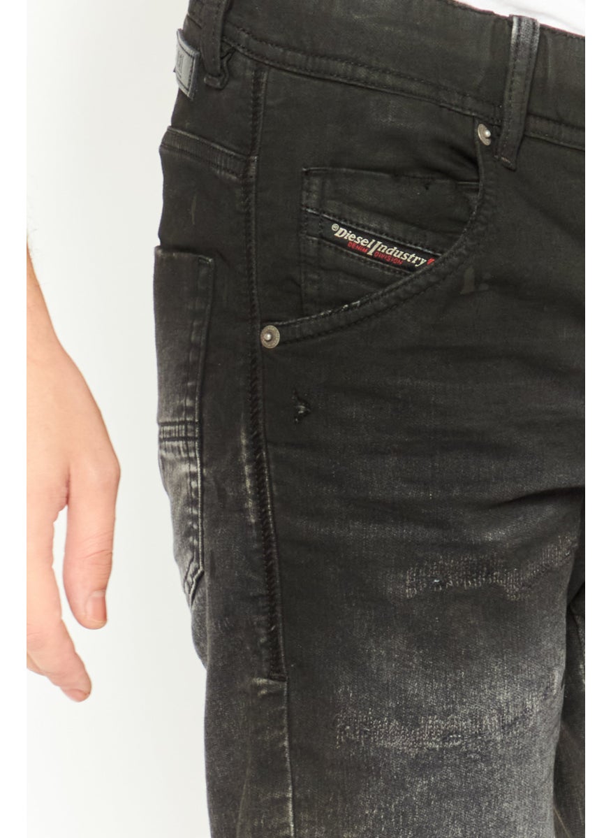 Men Drawstring Ripped Denim Shorts, Black