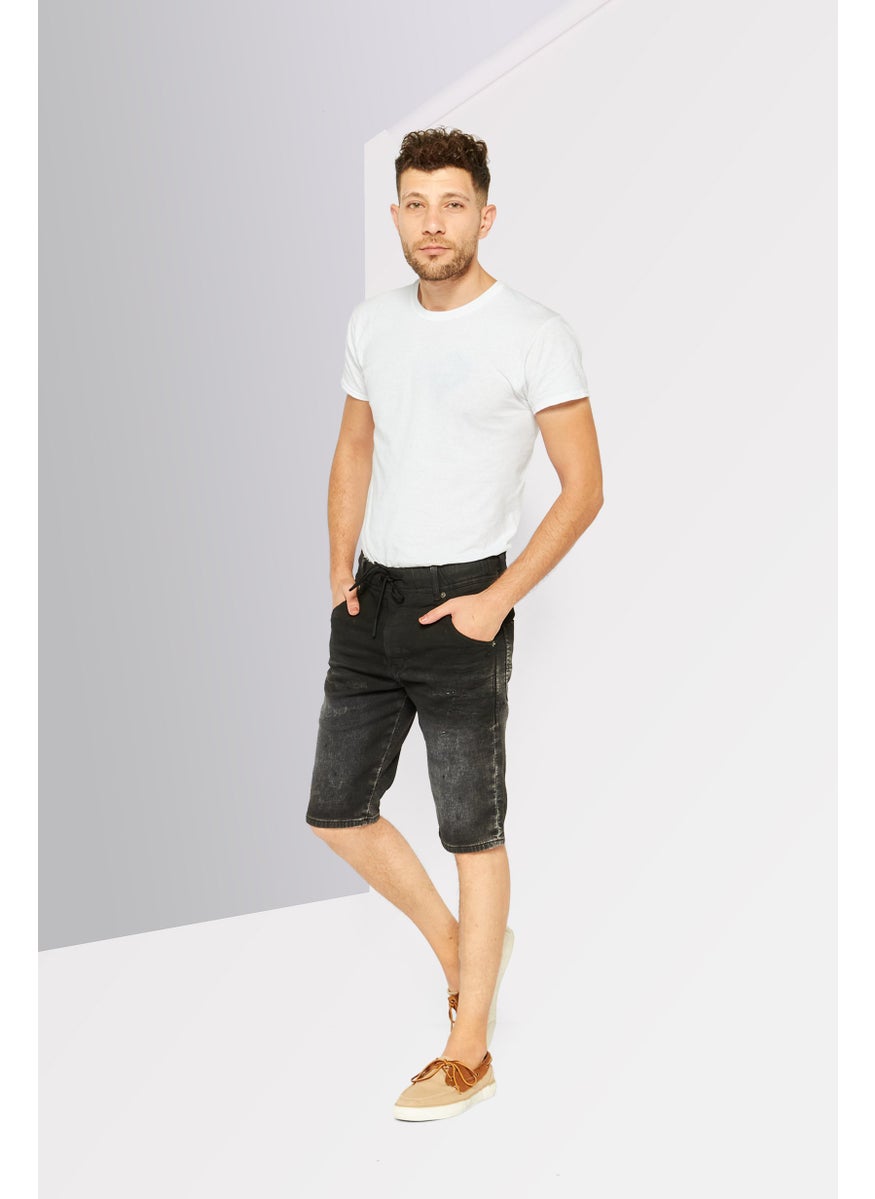Men Drawstring Ripped Denim Shorts, Black
