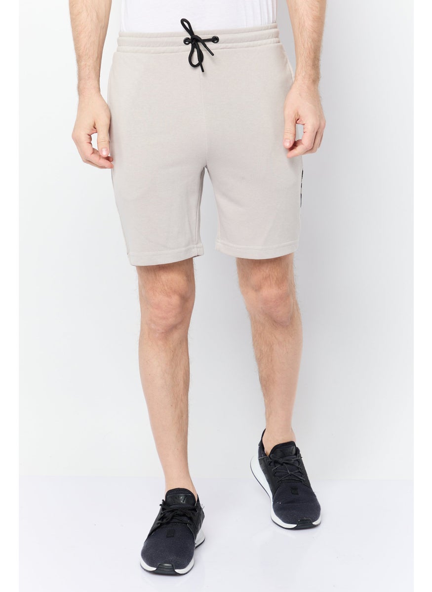 Men Brand Logo Drawstring Basic Shorts, Light Grey