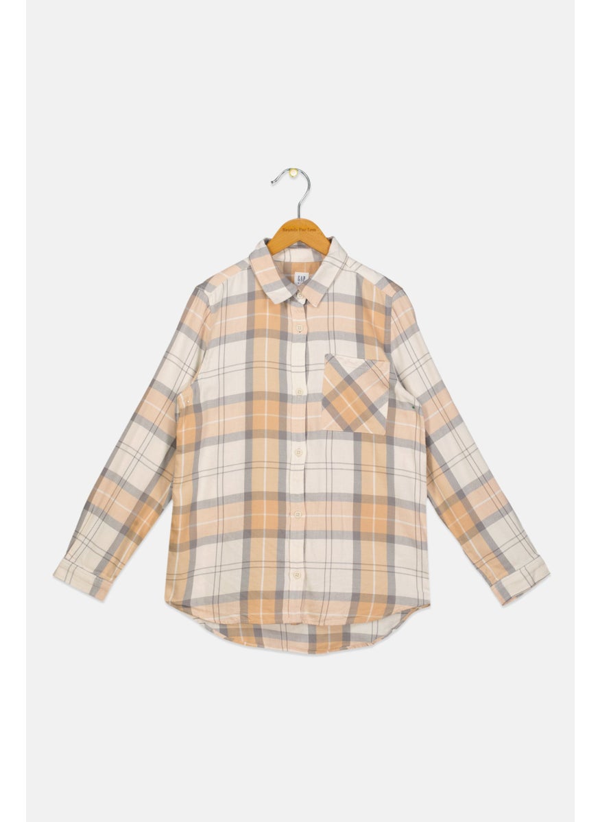 Kids Girl Spread Collar Plaid Long Sleeve Shirt, Multicolor