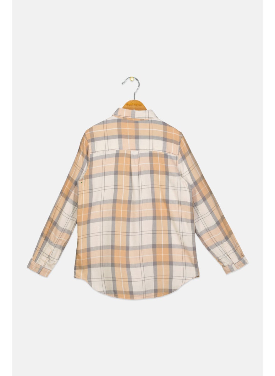 Kids Girl Spread Collar Plaid Long Sleeve Shirt, Multicolor