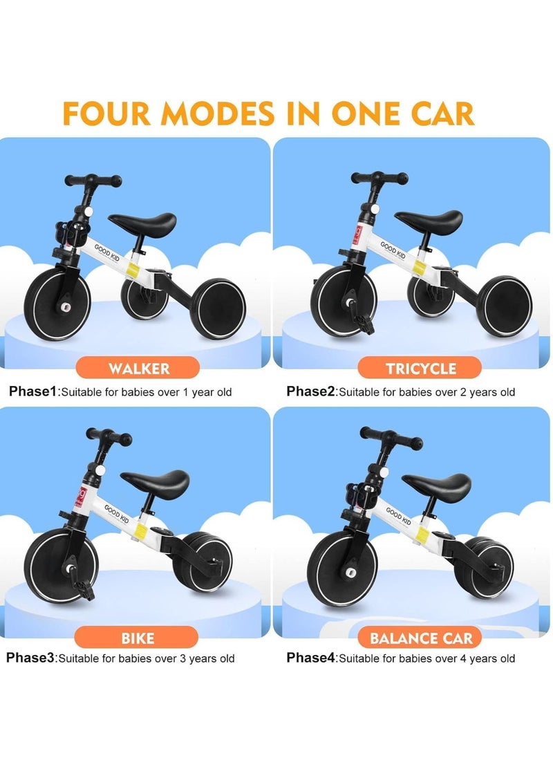 4 in 1 Kids Balance Bike & Tricycle for Toddlers Ages 1–4 Years, Adjustable Seat Baby Trike with Pedals, Indoor Outdoor Ride-On Toy for Boys & Girls, First Birthday Gift Idea, Stable and Safe Toddler Bicycle – White
