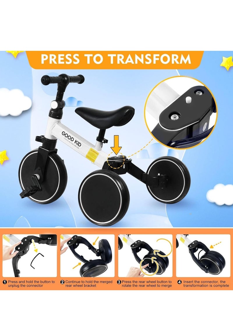 4 in 1 Kids Balance Bike & Tricycle for Toddlers Ages 1–4 Years, Adjustable Seat Baby Trike with Pedals, Indoor Outdoor Ride-On Toy for Boys & Girls, First Birthday Gift Idea, Stable and Safe Toddler Bicycle – White