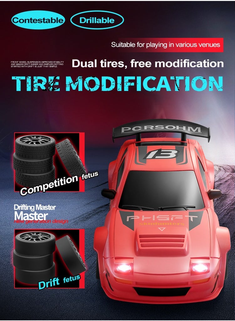 Harvestoy RC Drifting Car, 1:24 Scale, 4WD, High Speed ​​Remote Control Car, Truck with LED Light, Two Batteries, Drift Tires, Racing Sports Toy Car, Suitable for Adults, Boys and Girls, Children