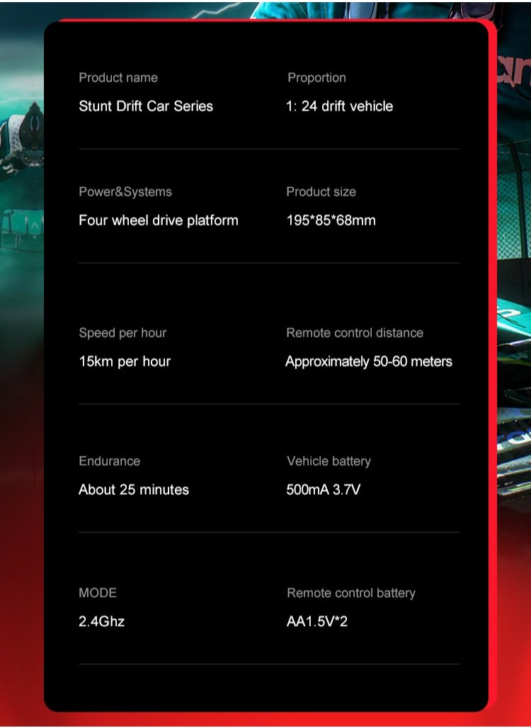 Harvestoy RC Drifting Car, 1:24 Scale, 4WD, High Speed ​​Remote Control Car, Truck with LED Light, Two Batteries, Drift Tires, Racing Sports Toy Car, Suitable for Adults, Boys and Girls, Children