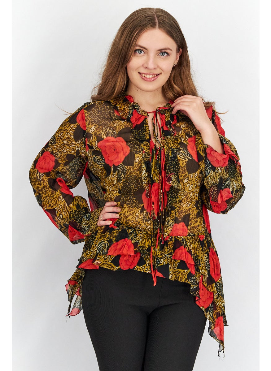 Women Tie Neck Long Sleeves Printed Blouse Tops, Red Combo