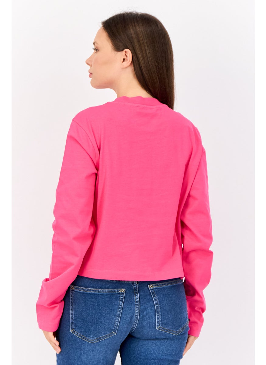 Women Crew Neck Long Sleeve Brand Logo Top, Fuchsia