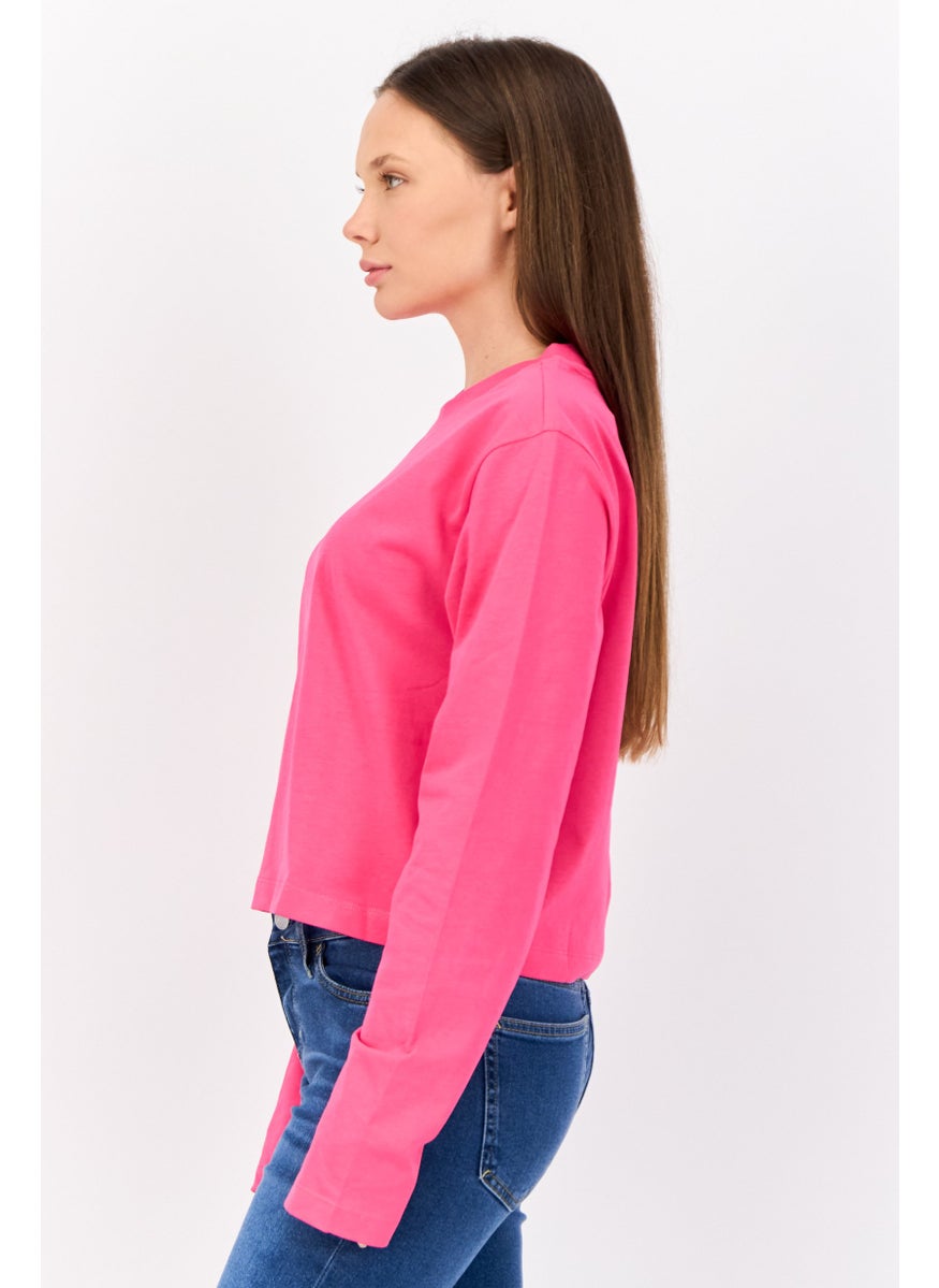 Women Crew Neck Long Sleeve Brand Logo Top, Fuchsia