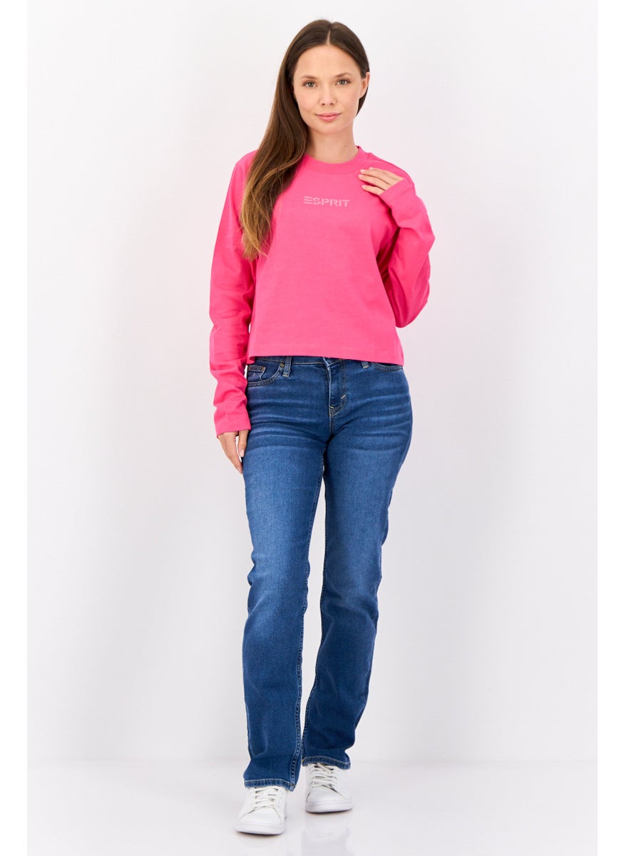 Women Crew Neck Long Sleeve Brand Logo Top, Fuchsia