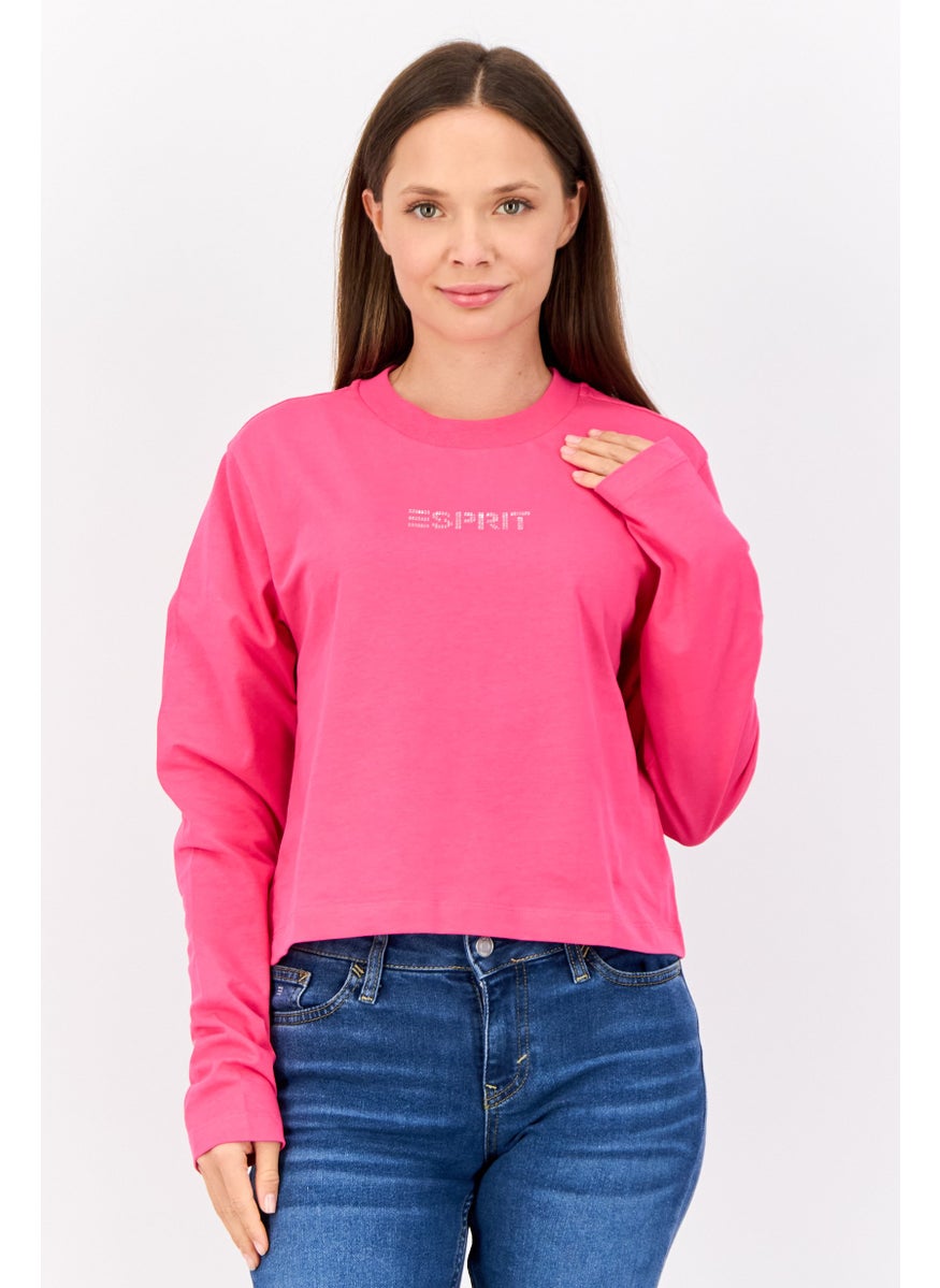 Women Crew Neck Long Sleeve Brand Logo Top, Fuchsia