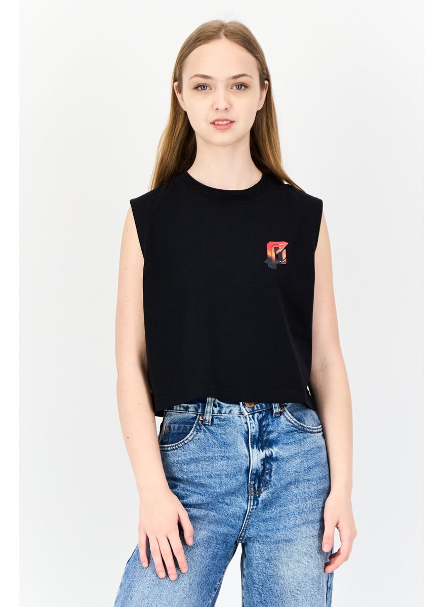 Women Crew Neck Graphic Print Tank Tops, Black