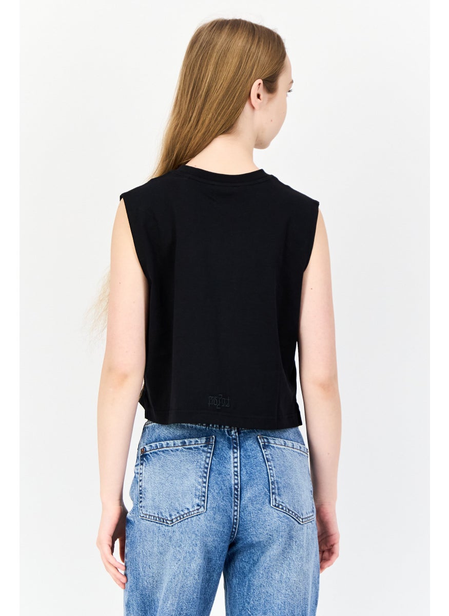 Women Crew Neck Graphic Print Tank Tops, Black