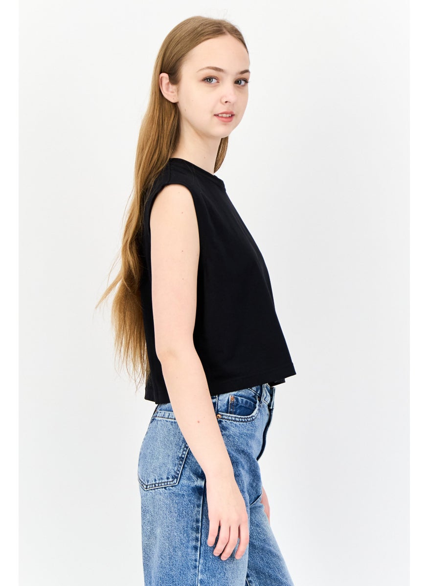 Women Crew Neck Graphic Print Tank Tops, Black