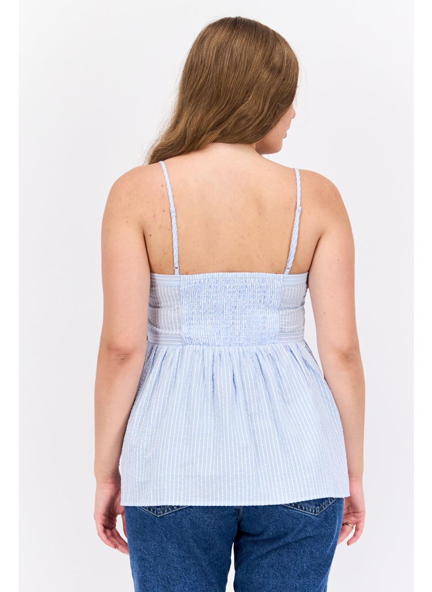 Women Square Neck Sleeveless Stripe Top, Blue