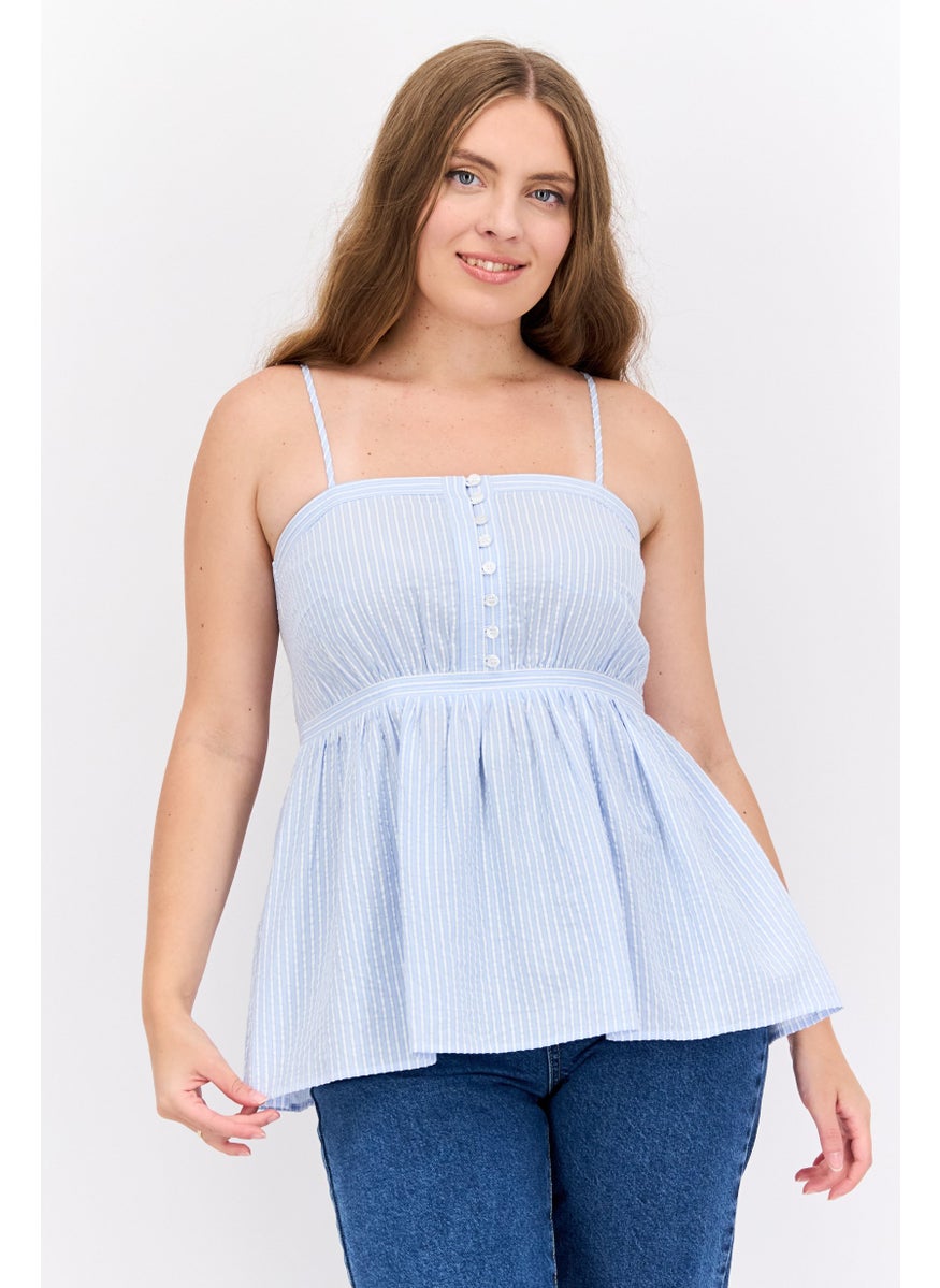 Women Square Neck Sleeveless Stripe Top, Blue