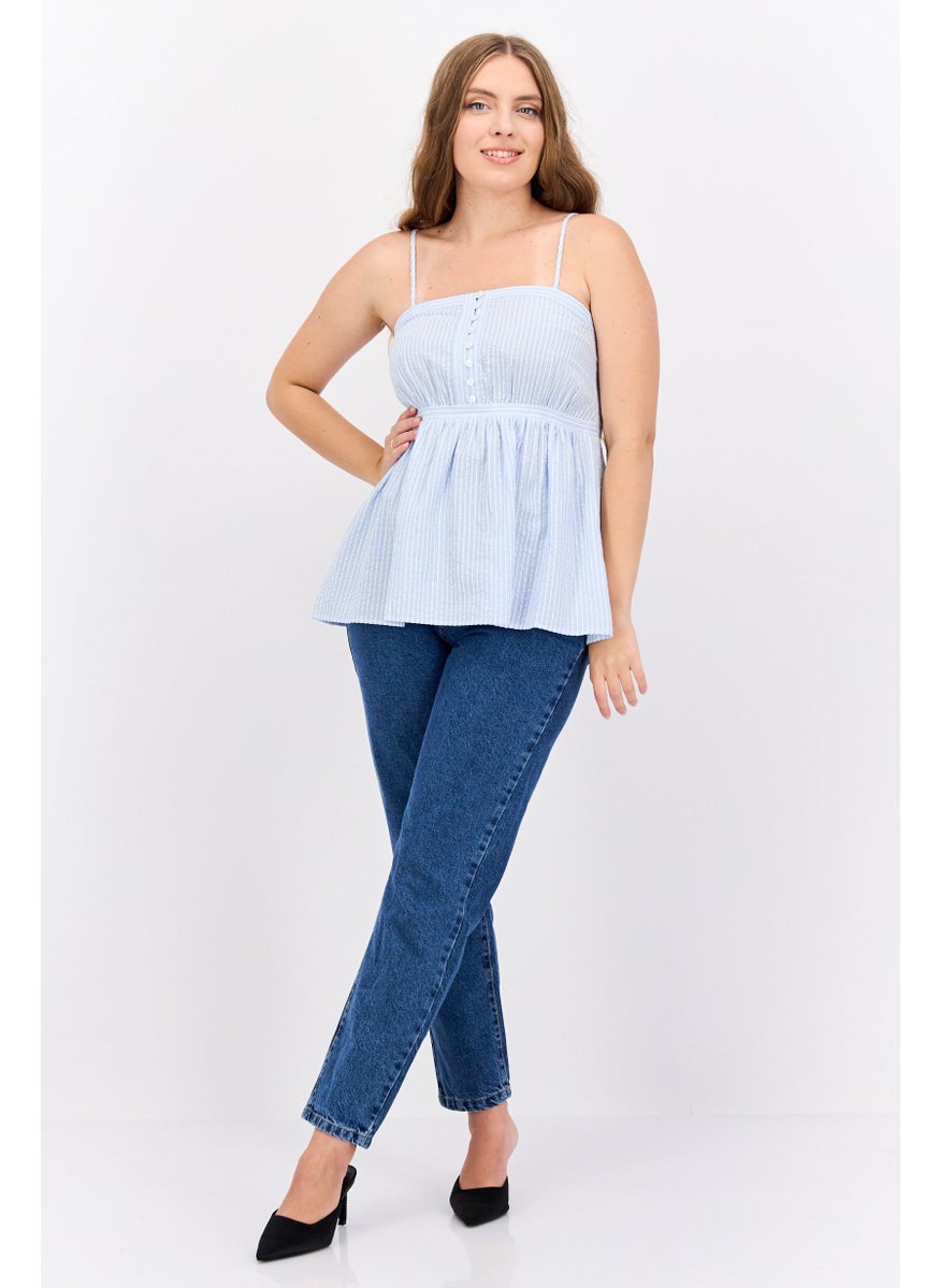 Women Square Neck Sleeveless Stripe Top, Blue