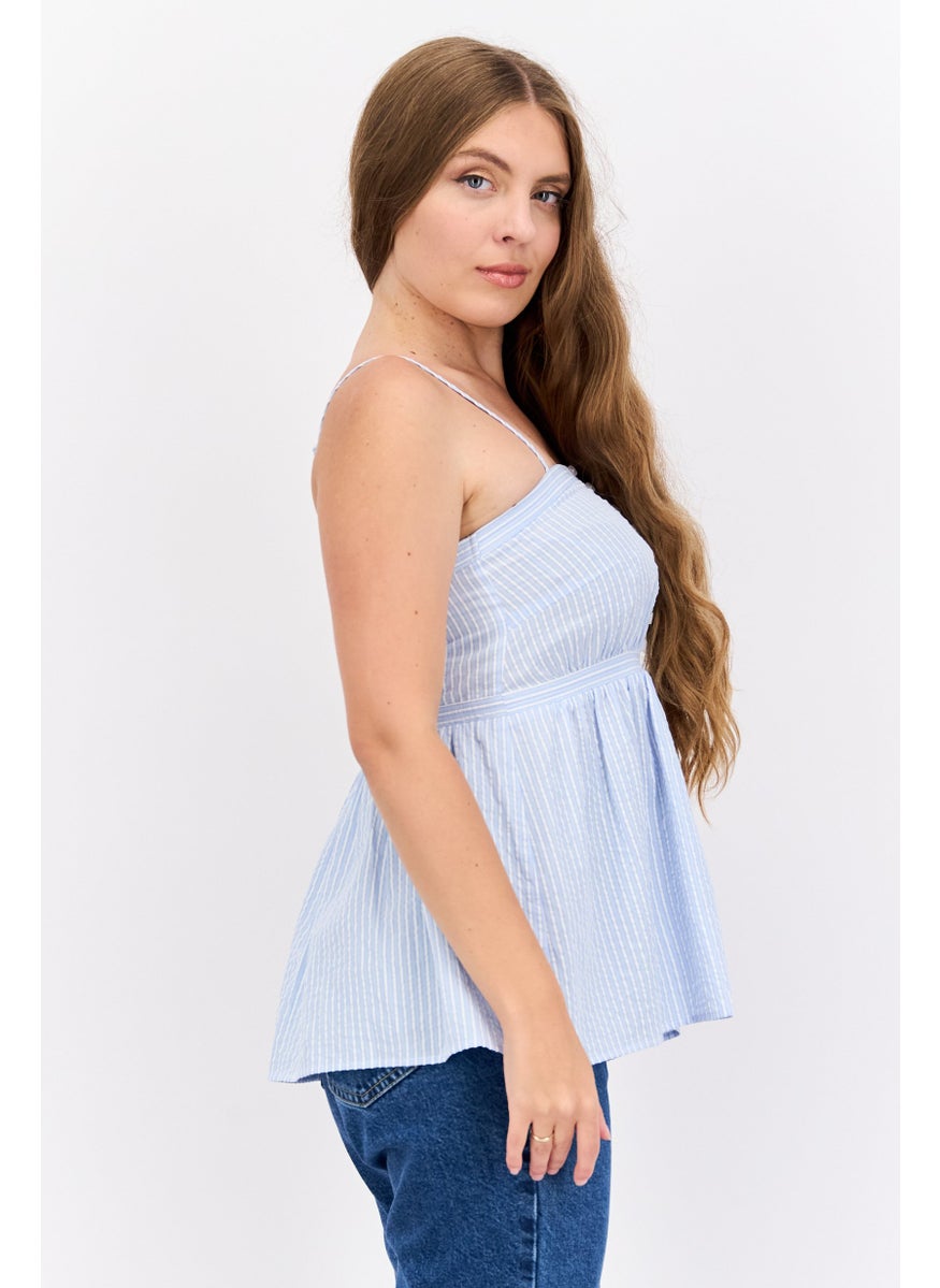 Women Square Neck Sleeveless Stripe Top, Blue
