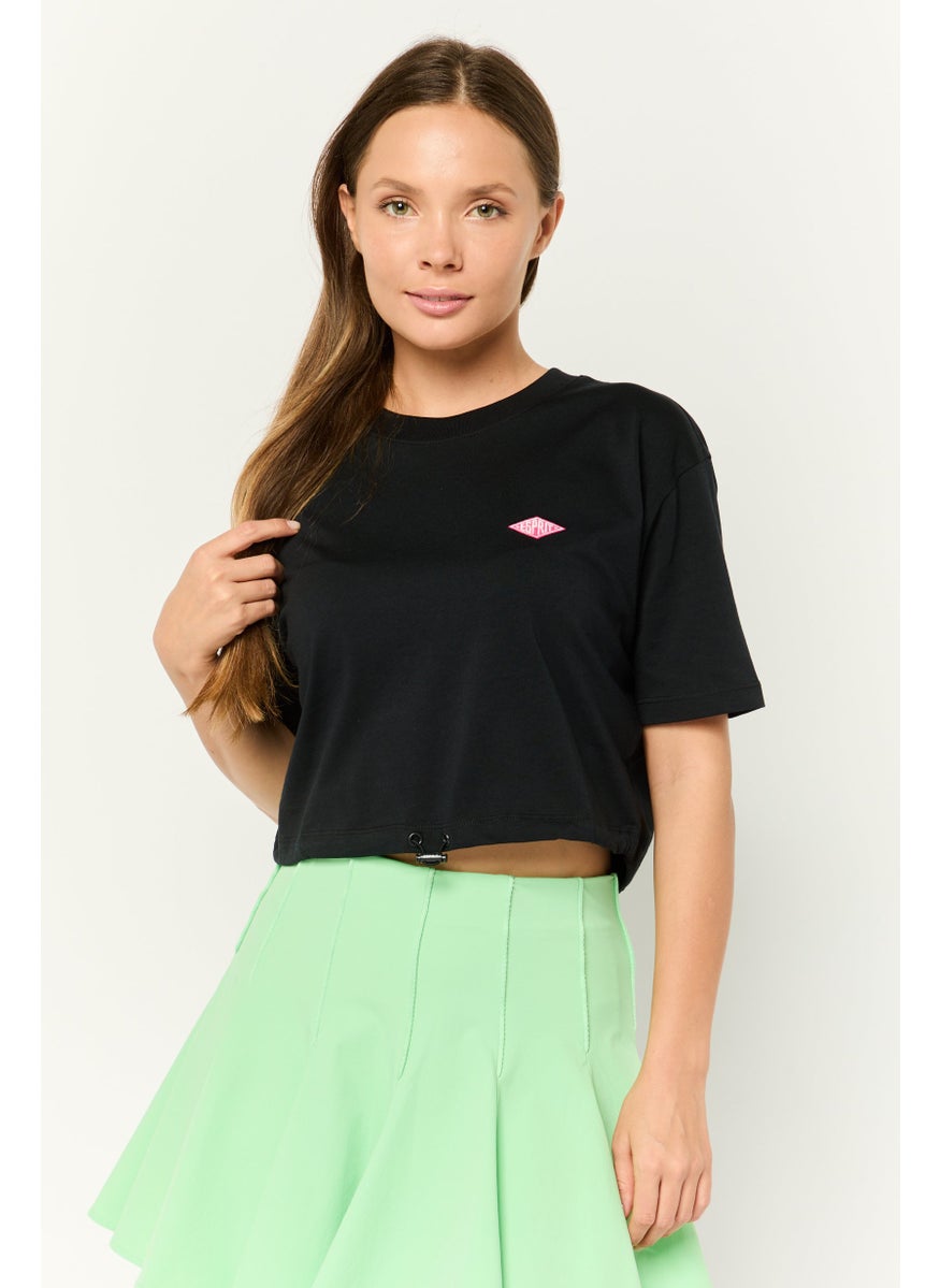 Women Crew Neck Short Sleeve Embroidered Logo Crop Top, Black