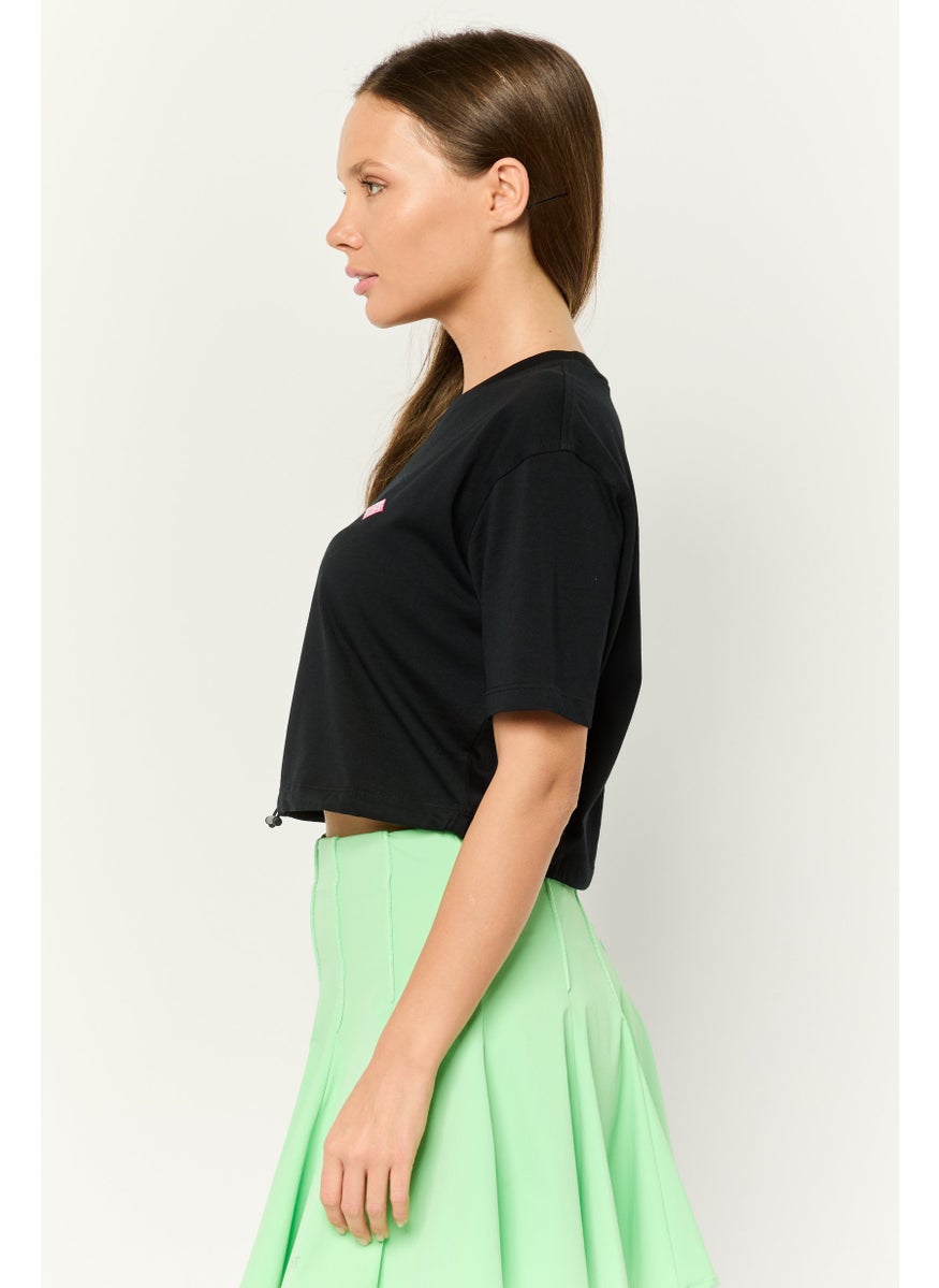 Women Crew Neck Short Sleeve Embroidered Logo Crop Top, Black