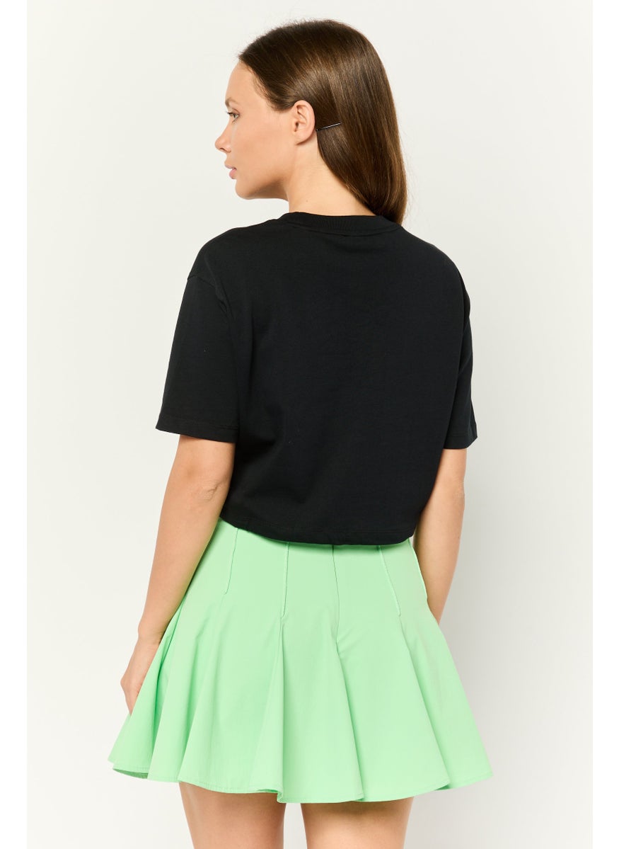 Women Crew Neck Short Sleeve Embroidered Logo Crop Top, Black