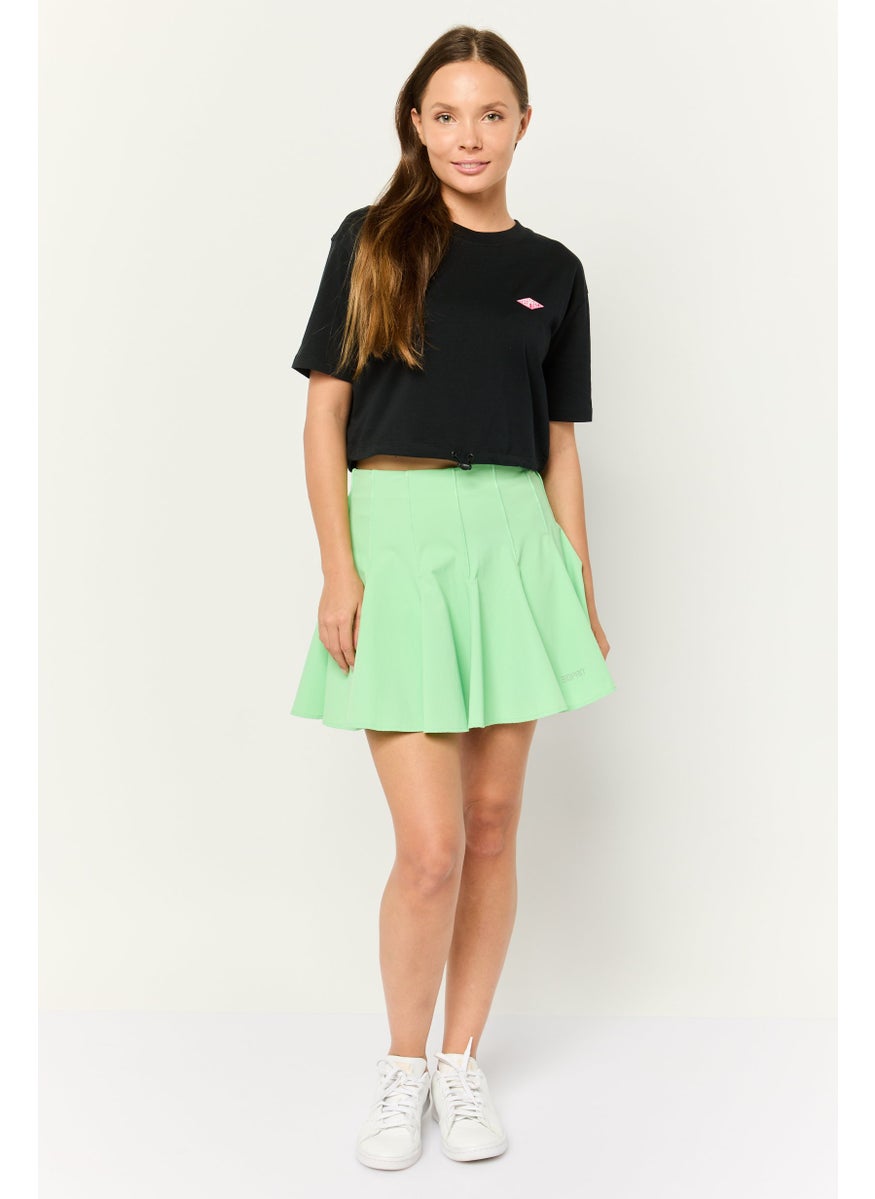 Women Crew Neck Short Sleeve Embroidered Logo Crop Top, Black