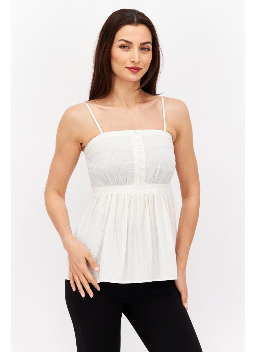 Women Square Neck Sleeveless Textured Top, White