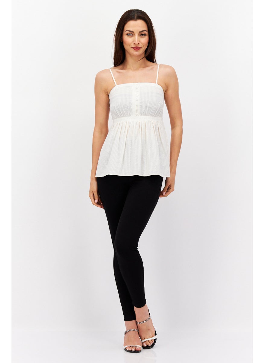 Women Square Neck Sleeveless Textured Top, White