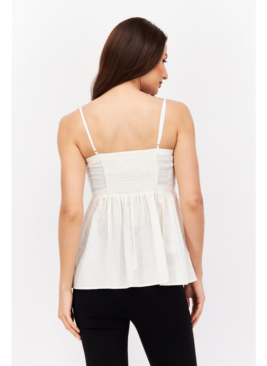 Women Square Neck Sleeveless Textured Top, White