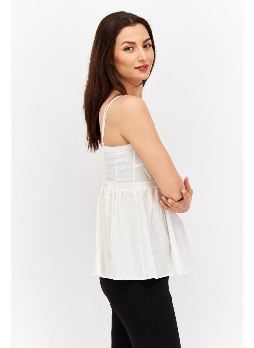 Women Square Neck Sleeveless Textured Top, White