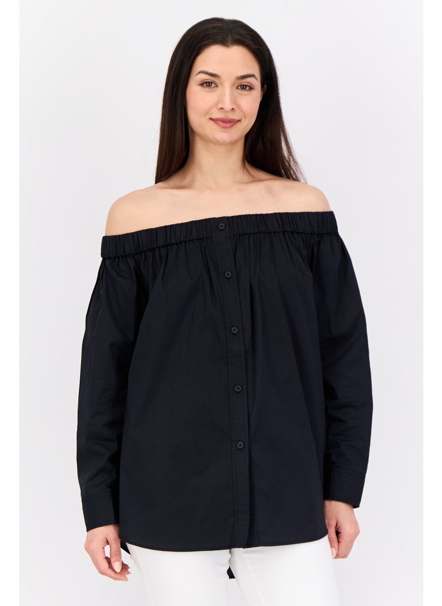 Women Off Shoulder Long Sleeves Solid Shirt, Black