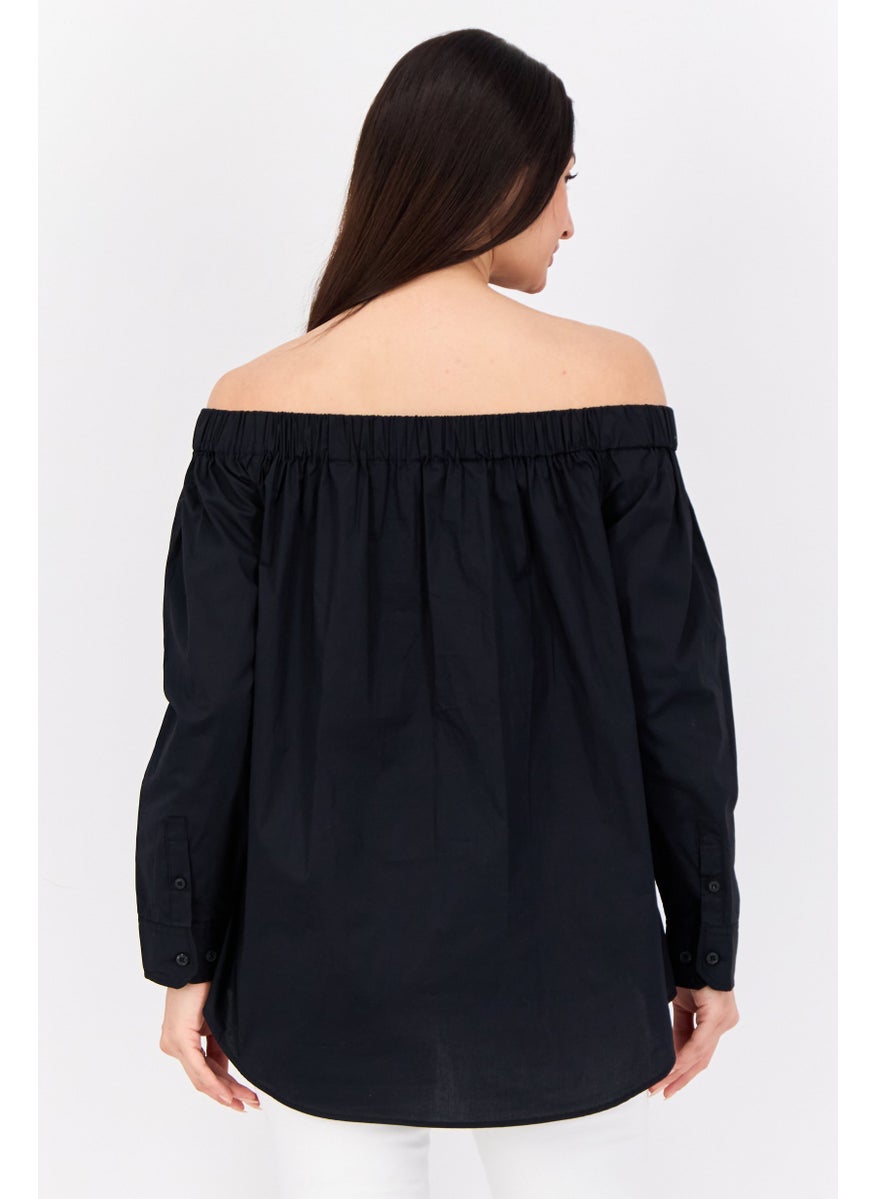 Women Off Shoulder Long Sleeves Solid Shirt, Black