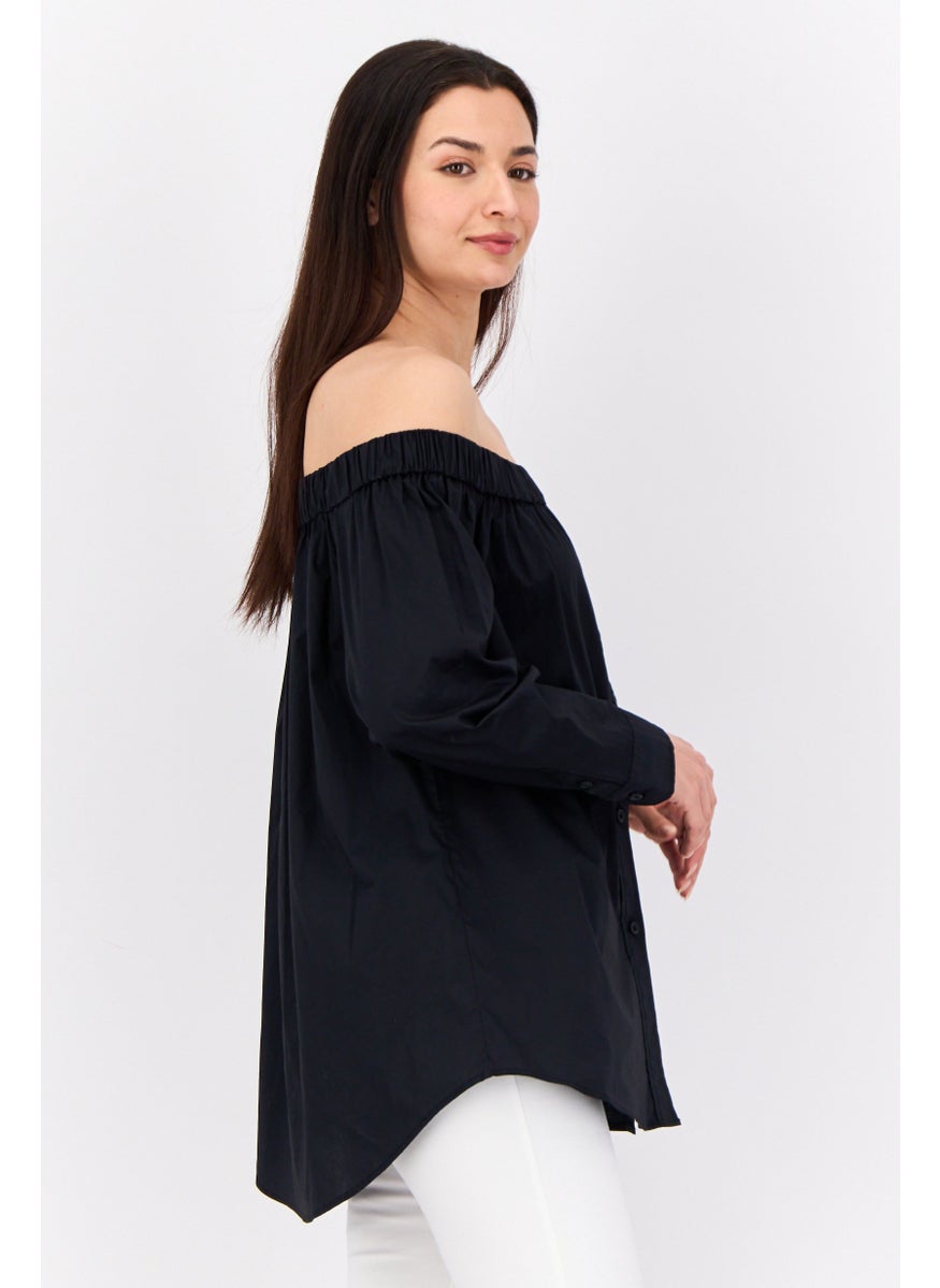 Women Off Shoulder Long Sleeves Solid Shirt, Black